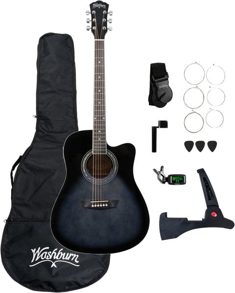 Washburn Acoustic / Electric Guitar Pack With Built-In Tuner in Transparent Black Burst