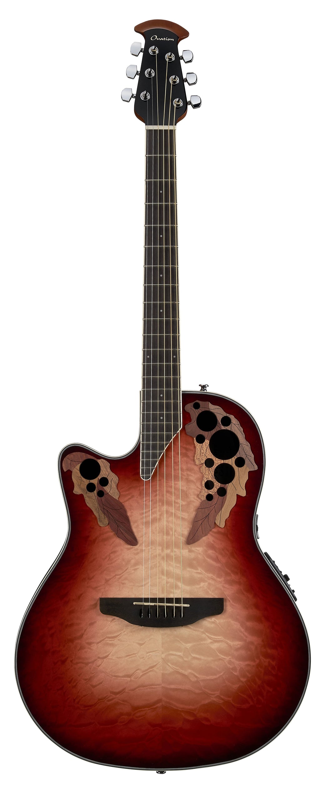 Ovation Celebrity Elite Exotic Left-Handed Acoustic / Electric Guitar, Quilt Maple Ruby Red / Natural Burst