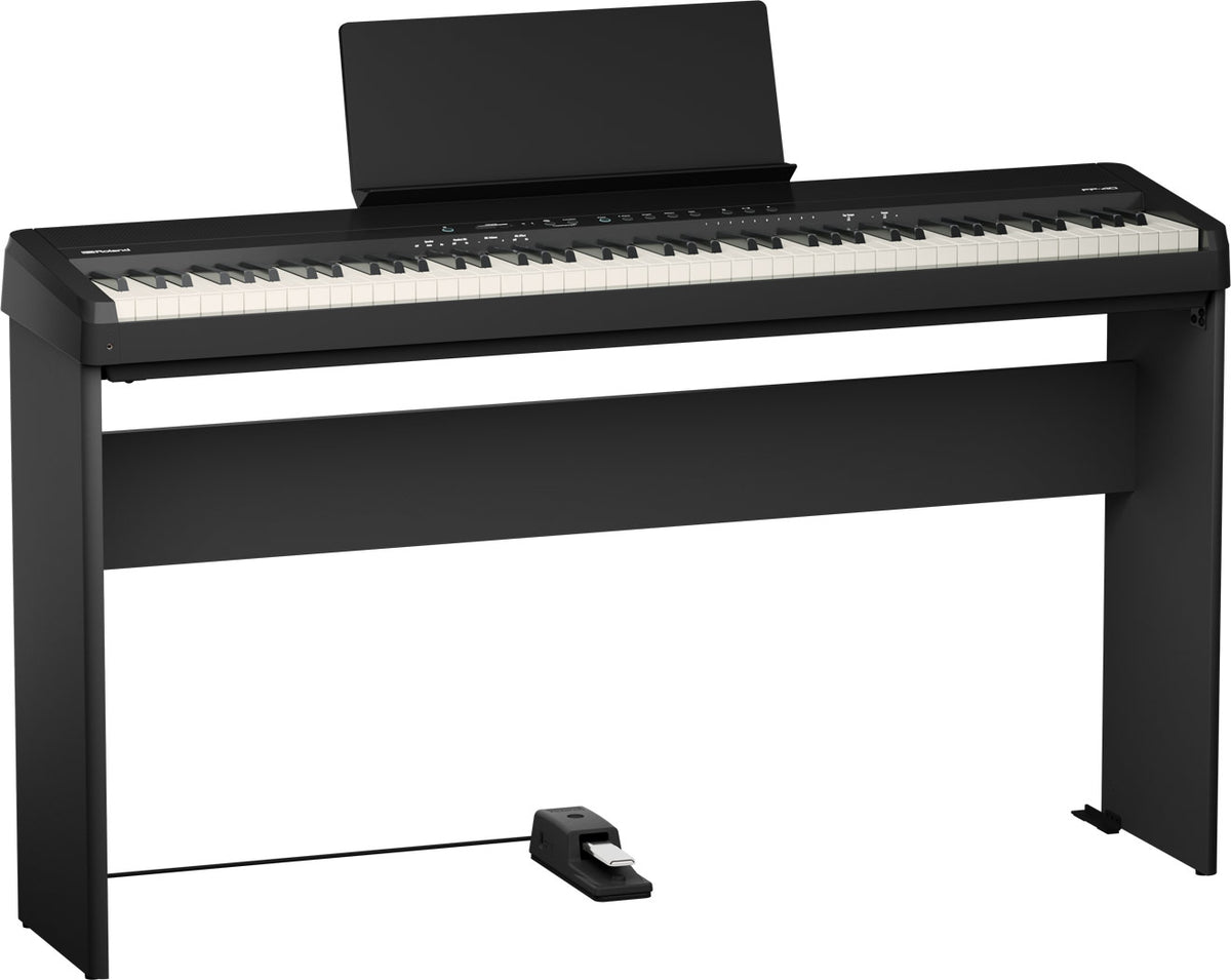 Roland FP-40 black on the matching KSF-40 stand with a damper pedal (stand and pedal sold separately)
