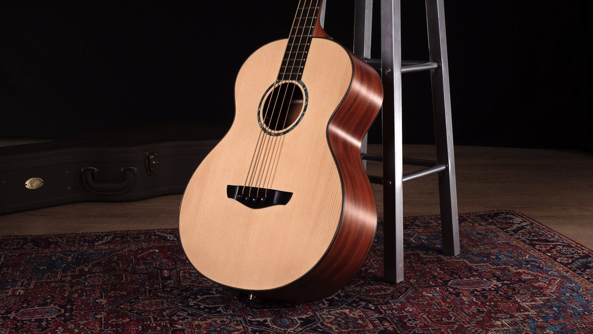 Faith Natural Titan Acoustic Bass Electro, front on stand, side view